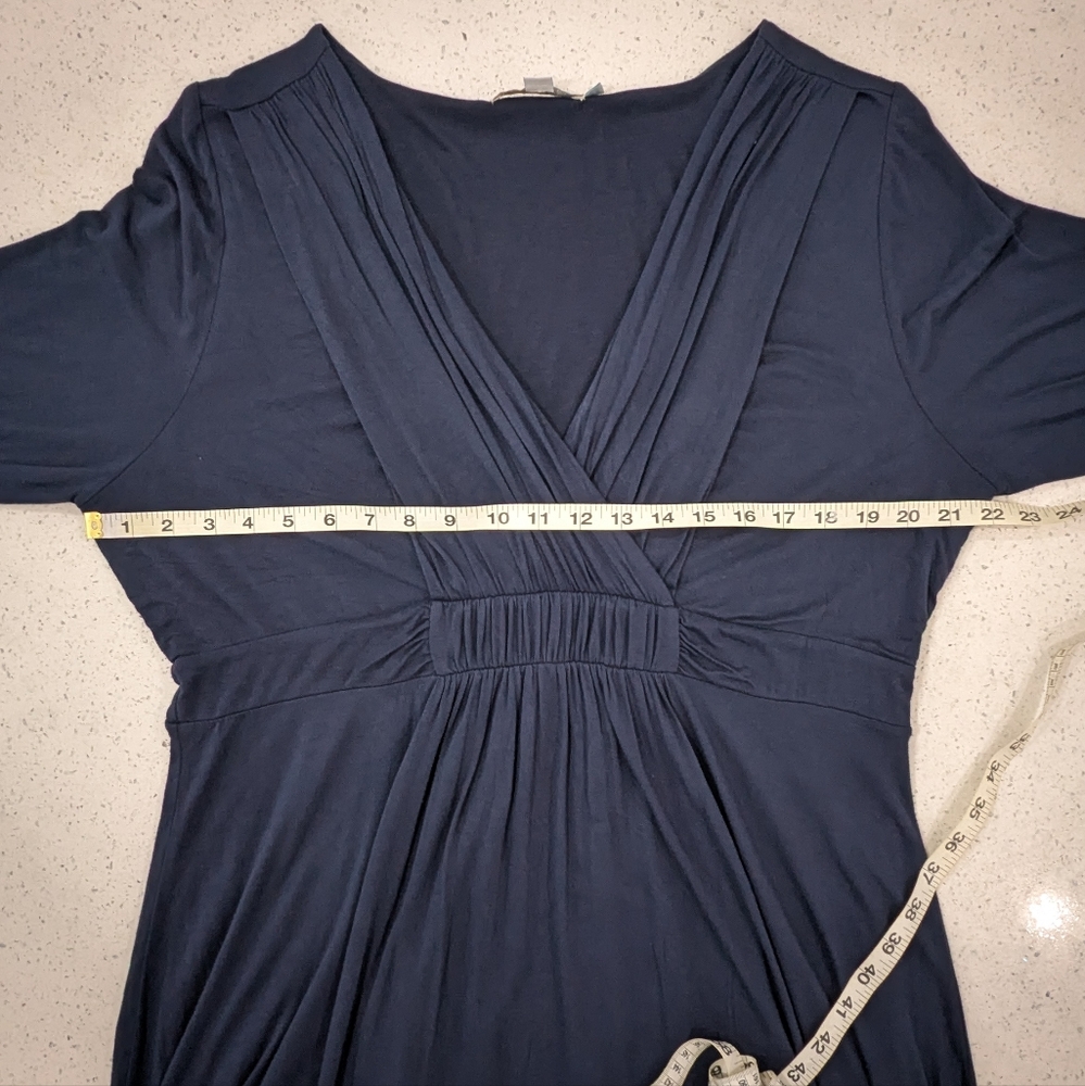 Boden Navy Blue Draped Jersey Midi Dress 3/4 Bell Sleeve Faux Wrap Stretch 16R - Picture 4 of 11